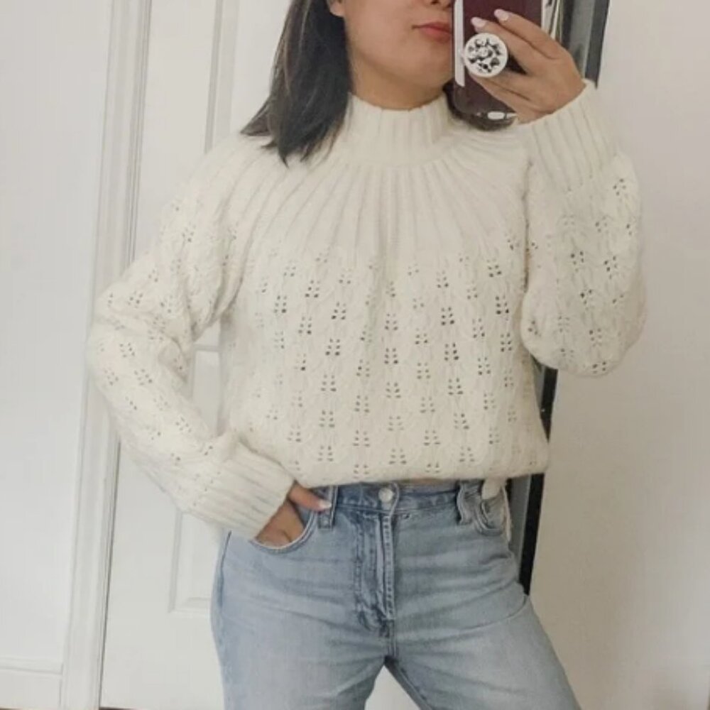 Madewell Pointelle Stitch-Mix Mockneck Sweater in Antique Cream